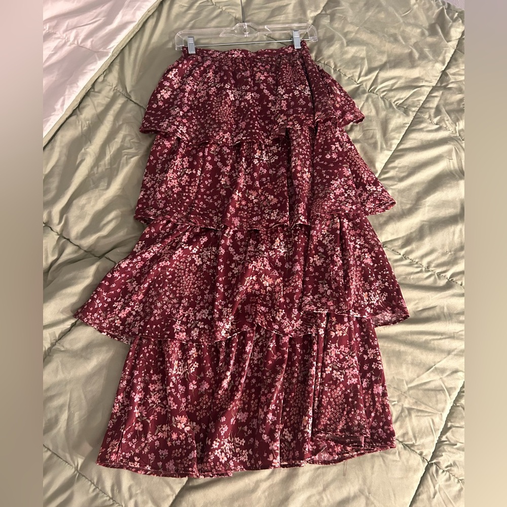 Altar'd State Burgundy Floral Tiered Maxi Skirt